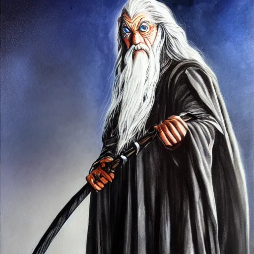 Image similar to gandalf as the crow, painting