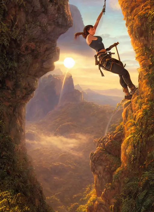 Image similar to Lara Croft climbing a rock, golden hour, Lilia Alvarado, Sophie Anderson, Mark Arian, Bob Byerley, Charlie Bowater, Mark Brooks, Steve Henderson, Justin Gerard, Arthur Hughes, Edward Robert Hughes, Mark Keathley, Victor Nizovtsev, Carlos Shwabe, Ross Tran, WLOP