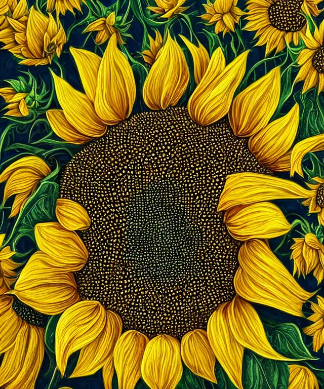 Prompt: perfectly detailed sunflower, heavenly, symmetrical, intricate, highly detailed, digital painting, smooth, sharp focus, illustration