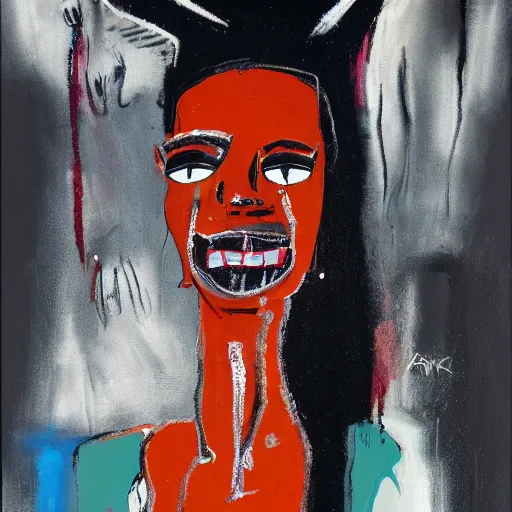 Prompt: A pretty attractive black woman with devil horns wearing a silver mini dress standing on the ocean, ,full body, pitchfork, creative background, abstract jean-Michel Basquiat oil painting with thick paint strokes, oil on canvas, intricately!!! detailed!!!