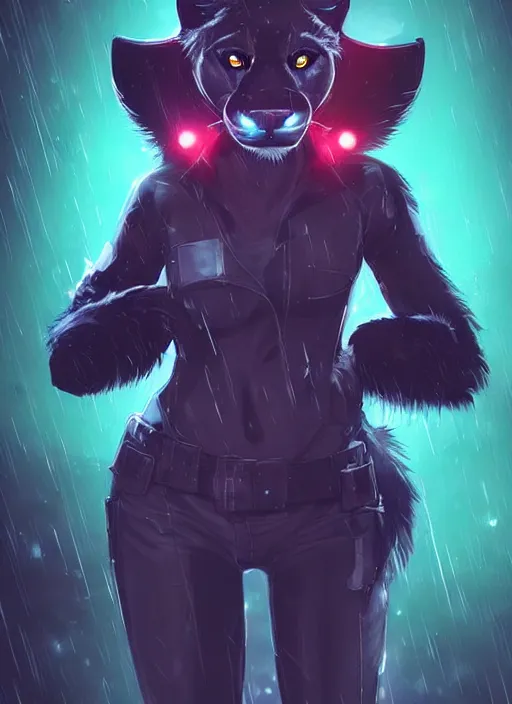 Image similar to beautiful portrait commission of a female furry anthro panther fursona wearing a police uniform. Cyberpunk city at night in the rain. Neon light. Atmospheric. Character design by charlie bowater, ross tran, artgerm, and makoto shinkai, detailed, inked, western comic book art