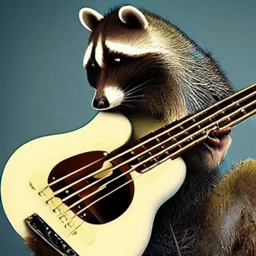 Prompt: racoon playing bass guitar