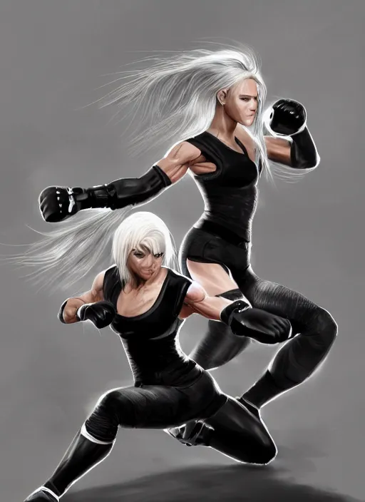 Image similar to a highly detailed illustration of fierce ponytail platinum blonde woman wearing black mma gear and gloves, dramatic muay thai kick stance pose, fairly muscular, athletic, intricate, elegant, highly detailed, centered, digital painting, artstation, concept art, smooth, sharp focus, league of legends concept art, WLOP