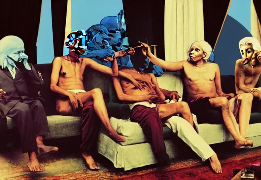 Image similar to smoke session for the ages: Gandhi , Obama, Jesus, And Lady GaGa smoking a fat blunt on a sofa by Andy Warhol, photograph, by Beeple