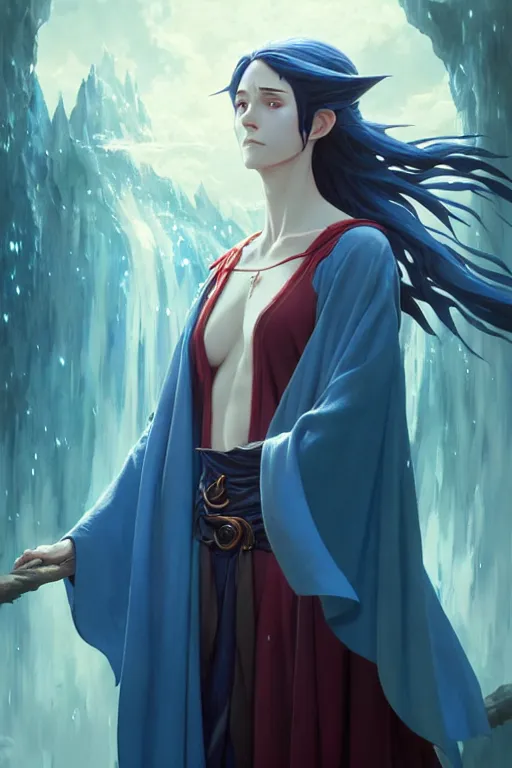 Image similar to elvish female sorcerer doing water magic spells, blue robes, red hair, finely detailed perfect face, exquisite details, mid view, design on a white background, by studio muti, greg rutkowski makoto shinkai takashi takeuchi studio ghibli