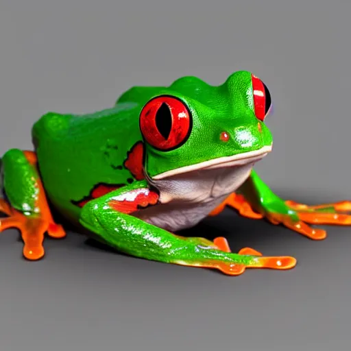 Image similar to a red - eyed tree frog with eye patch, 3 d model, high quality, sharp focus