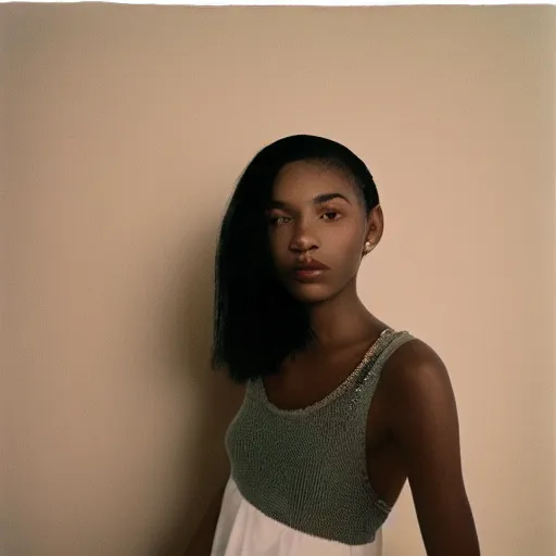 Prompt: realistic photoshoot for a new off-white lookbook, color film photography, portrait of a голая beautiful girl in style of tyler Mitchell, 35mm, graflex