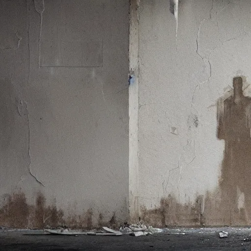 Prompt: a dark tall ominous figure standing in an abandon building, liminal, un easy, highly detailed,