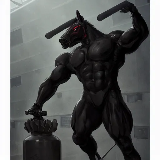 Prompt: splash art of a black - coated anthropomorphic horse supersoldier with an exaggeratedly buff physique in a research facility wearing a combat kevlar outfit, highly detailed, furry, furaffinity, digital painting, artstation, illustration, art by artgerm, greg rutkowski, wlop