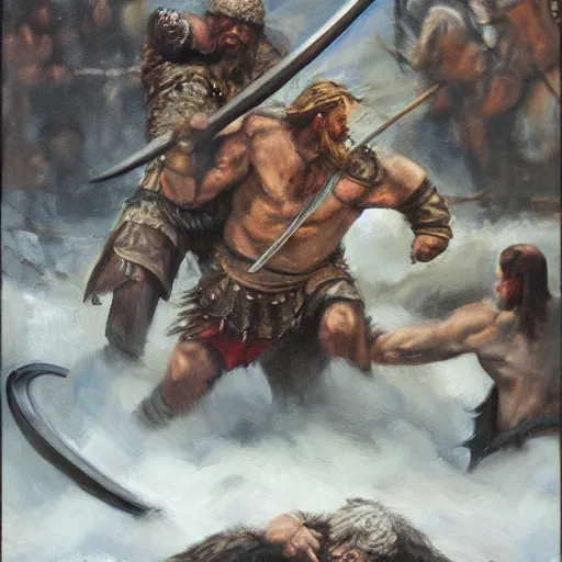 Image similar to A viking fighting a troll, oil painting