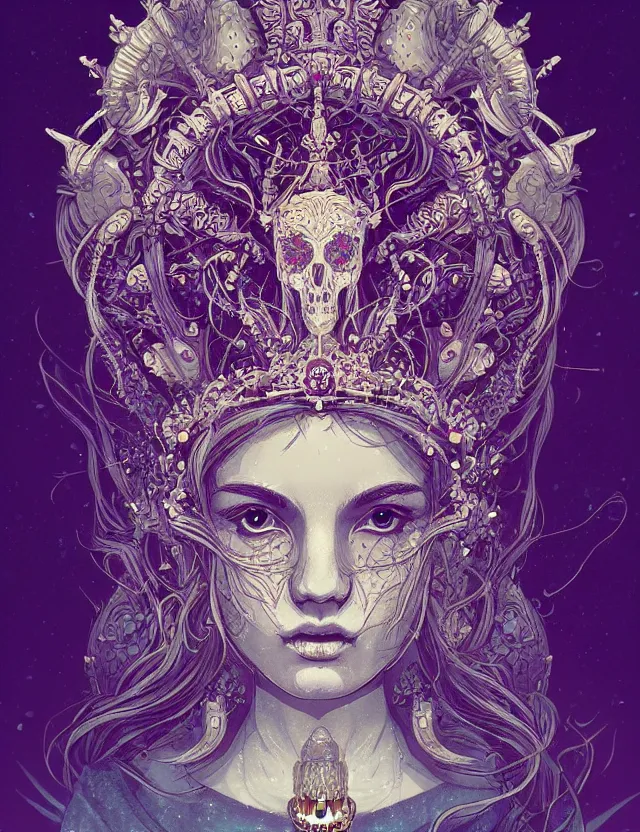 Image similar to symmetrical, centered, goddess close-up portrait wigh crown made of skulls. phoenix betta fish, phoenix, bioluminiscent creature, super intricate ornaments artwork by Tooth Wu and wlop and alena aenami and greg rutkowski