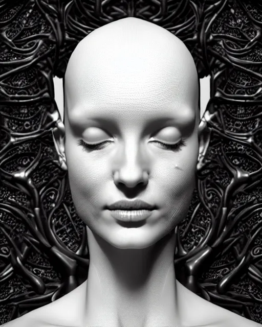 Image similar to a black and white 3D render of a young beautiful female queen-dragon-cyborg bust with a very long neck and Mandelbrot fractal face, Mandelbrot fractal skin, flesh, anatomical, facial muscles, veins, arteries, elegant, highly detailed, flesh highly baroque ornate, hair are cable wires, elegant, high fashion, rim light, octane render, in the style of H.R. Giger, Realistic, Refined, Digital Art, Highly Detailed, Cinematic Lighting, rim light, black and white, photo-realistic, 8K