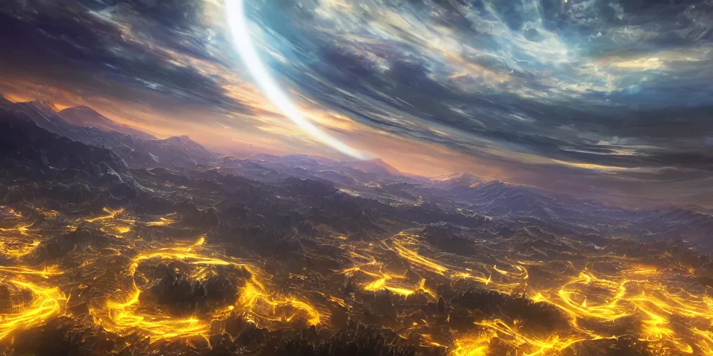 Prompt: a professional photographic view picture of a huge yellow neon ring above a land ,photographic filter unreal engine 5 realistic hyperdetailed 8k ultradetail cinematic concept art volumetric lighting, fantasy artwork, very beautiful scenery, very realistic painting effect, hd, hdr, cinematic 4k wallpaper, 8k, ultra detailed, high resolution, artstation trending on artstation in the style of Albert Dros glowing rich colors powerful imagery nasa footage drone footage drone photography