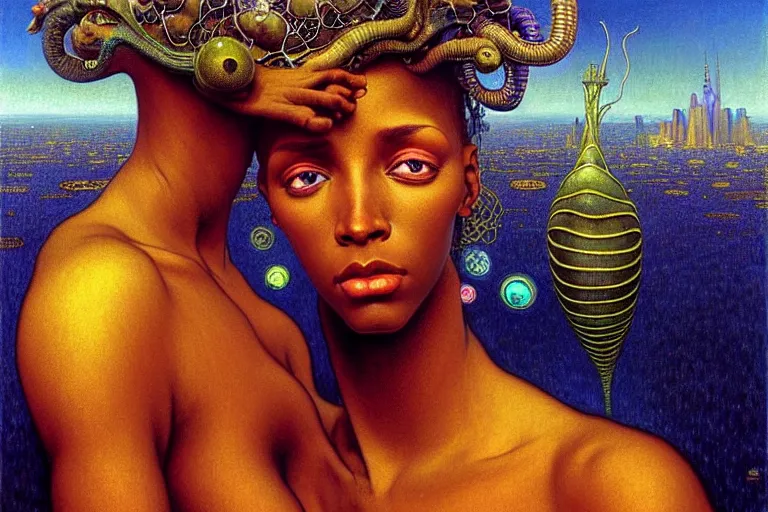 Prompt: realistic extremely detailed portrait painting of a beautiful black woman with an alien, city street on background by Jean Delville, Amano, Yves Tanguy, Ilya Repin, Alphonse Mucha, Ernst Haeckel, James C. Christensen, Edward Robert Hughes, Roger Dean, rich moody colours