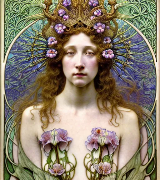 Image similar to beautiful young flower queen detailed realistic porcelain face portrait by jean delville, gustave dore, iris van herpen and alphonse mucha, art forms of nature by ernst haeckel, art nouveau, symbolist, visionary, gothic, neo - gothic, pre - raphaelite, fractal lace, intricate alien botanicals, surreality, hyperdetailed ultrasharp octane render