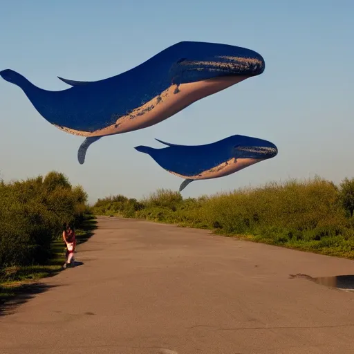 Prompt: a blue whale falling from the sky