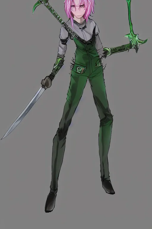 Image similar to name : rose gender : female race : human clothes : jeans and a black shirt weapon : sword special power : healing eye color : green hair color & style : short, spiky body type : slender.