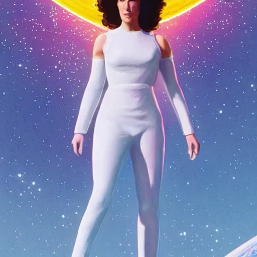 Prompt: Jennifer connelly as a stunning , beautiful retro SCI-FI space heroine 1985 , star ship taking off in the background , movie poster, intricate, elegant, highly detailed, centered, digital painting, trending on artstation, concept art, smooth, sharp focus, illustration, art by illustration, Unreal Engine 5, 8K, art by artgerm and greg rutkowski and alphonse mucha WLOP