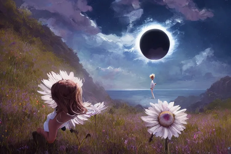 Image similar to giant white daisy flower crown face, girl dancing on cliff, surreal photography, solar eclipse, milky way, dramatic light, impressionist painting, clouds, digital painting, artstation, james gilleard, liam wong, jeremy mann, simon stalenhag