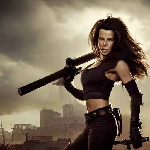 Image similar to fallout 5, charismatic beautiful rugged young kate beckinsale with katana, portrait, outdoors ruined cityscape, atmospheric lighting, painted, intricate, volumetric lighting, beautiful, daytime, sunny weather, slight overcast, sharp focus, deep colours, ultra detailed, by leesha hannigan, ross tran, thierry doizon, kai carpenter, ignacio fernandez rios