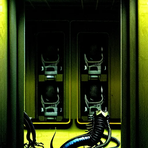 Image similar to black glossy xenomorph, alien movie, endless abandoned office cubicles, pale yellow wallpaper, moist brown carpet, dim fluorescent lighting, artstation, ultra detailed, creepy, dramatic lighting, photorealistic, art by h. r. giger and chris foss and beksinski