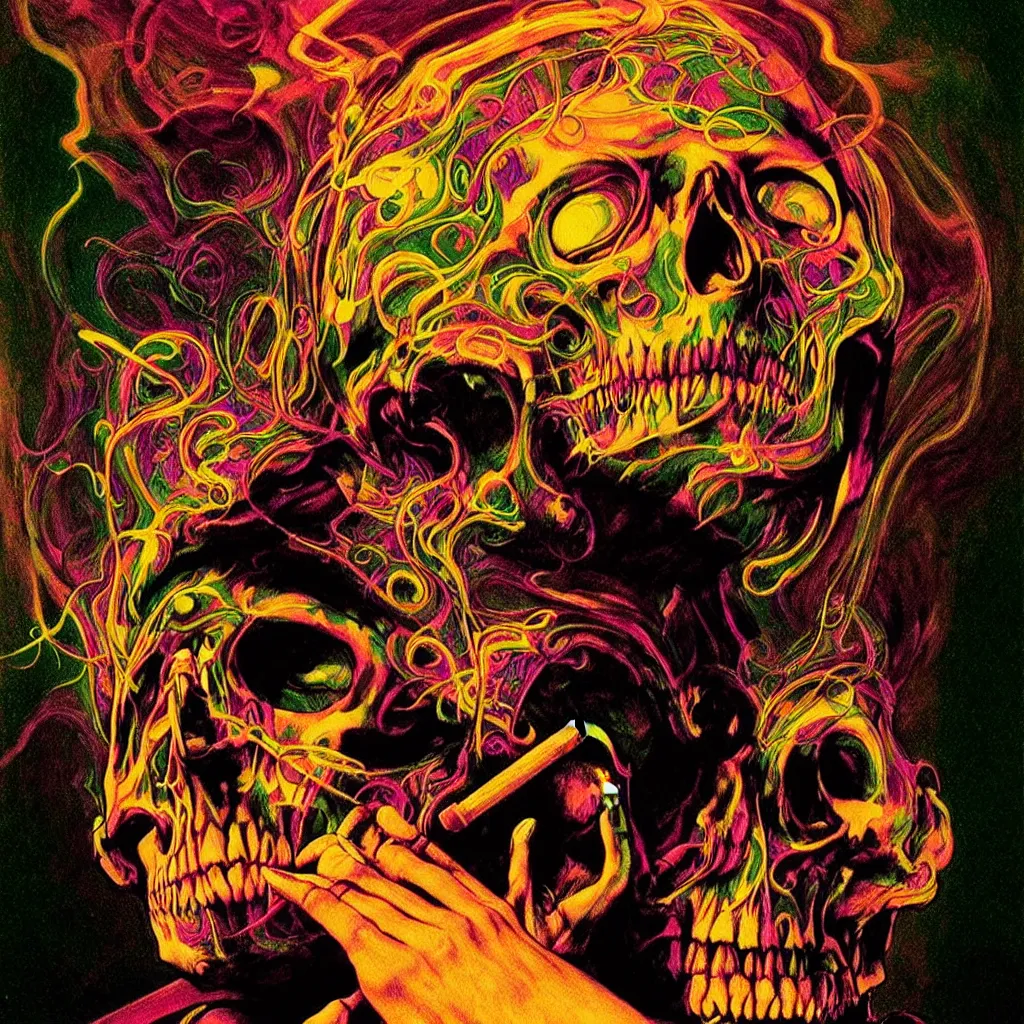 Prompt: bright psychedelic photo of SYD BARRETT SKULL SMOKING, diffuse lighting, fantasy, intricate, elegant, highly detailed, lifelike, photorealistic, digital painting, artstation, illustration, concept art, smooth, sharp focus, art by John Collier and Albert Aublet and Krenz Cushart and Artem Demura and Alphonse Mucha