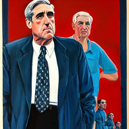 Image similar to socialist realist painting of robert mueller!!! standing with folded arms, polish movie poster