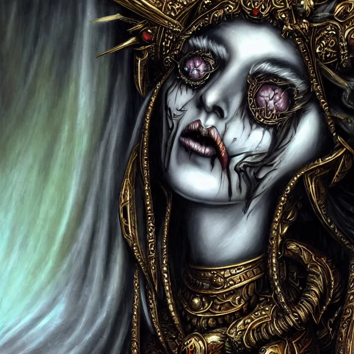 Image similar to close up portrait, goddess of death, by anne stokes, photorealism, highly detailed