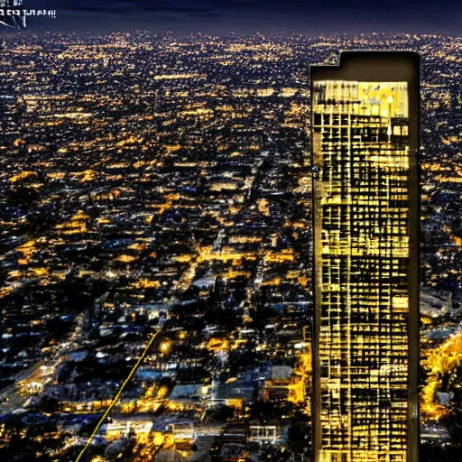 Image similar to bat signal on a los angeles building at night, photorealistic, drone view, dynamic light, ultra detailed, hyper realistic