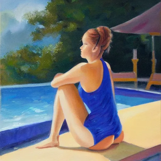 Image similar to oil painting of a young woman in a tanktop sitting by the pool