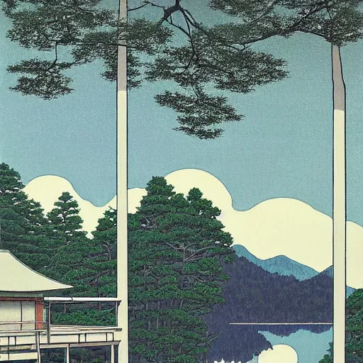 Image similar to painting by Hasui Kawase, atmospheric cozy futuristic organic white concrete house in the middle of a lush and dense forest at night, a beautiful lake next to it, night time, night sky, starry night sky, by Hasui Kawase