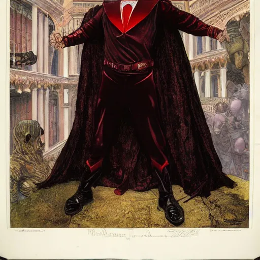 Image similar to full length portrait of dave bautista as vampire wearing a cape, by lawrence alma tadema and rick berry and norman rockwell and jason fabok and everett raymond kinstler h 7 6 8