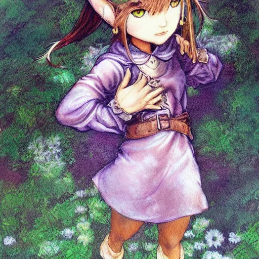 Image similar to little elf tomboy, purple tunic, soft hair. light color palate, detailed soft painting, ayami kojima, made in abyss, anatomically correct, inspired in balthus