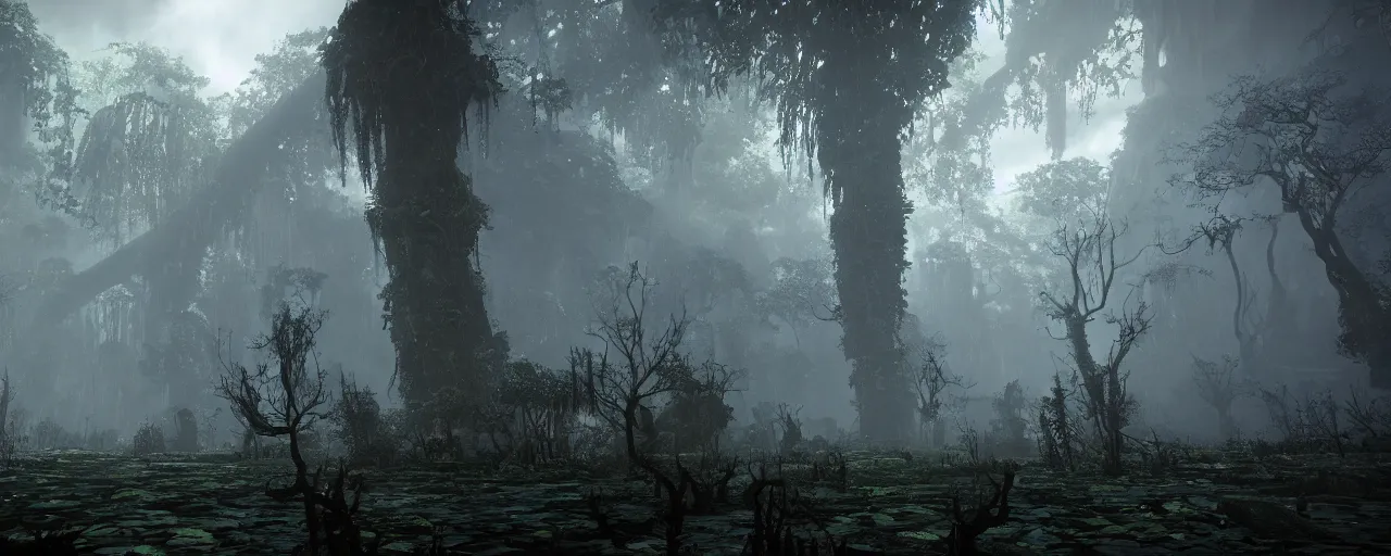 Image similar to a stunning wide shot view of a mythical rainforest, screenshot from bloodborne