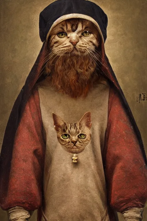Image similar to Slavic cat head man, woolen torso in medieval clothes, Saint Christopher, oil painting, hyperrealism, beautiful, high resolution, trending on artstation