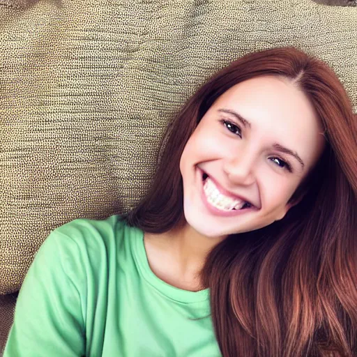 Image similar to a cute young woman smiling, long shiny bronze brown hair, full round face, green eyes, medium skin tone, light cute freckles, smiling softly, wearing casual clothing, relaxing on a modern couch, interior lighting, cozy living room background, medium shot, mid-shot, soft focus