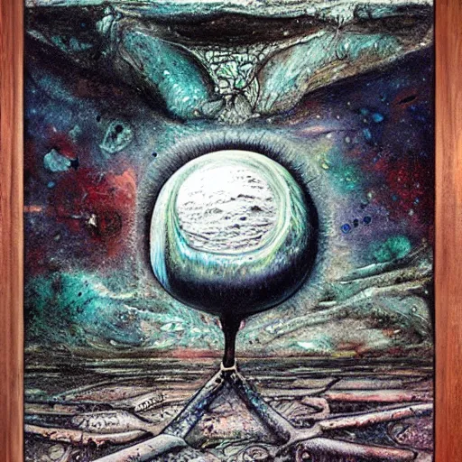 Image similar to rotten moon, airbrush, watercolor, dripping paint, dichromatism, extradimensional, hyperpyramid, klein bottle, by h. r. giger, by john constable, by laurie lipton, by tony diterlizzi, by wlop