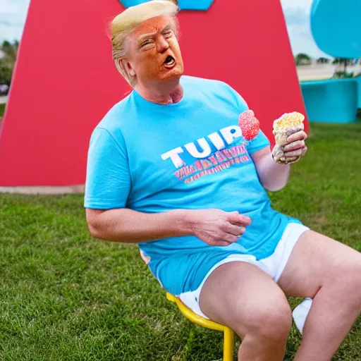 Image similar to donald trump wearing a pair of light blue hoochie daddy shorts and a pink miami beach t-shirt while enjoying himself a pistachio ice cream cone in the park, high-res, hyperrealistic,