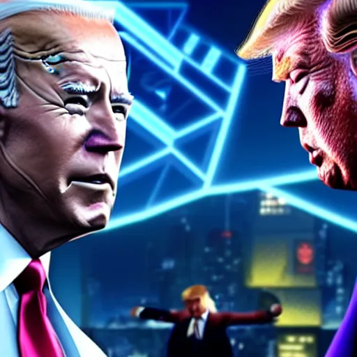 Image similar to a screenshot of joe biden and donald trump fighting in cyberpunk 2 0 7 7, 4 k, highly detailed