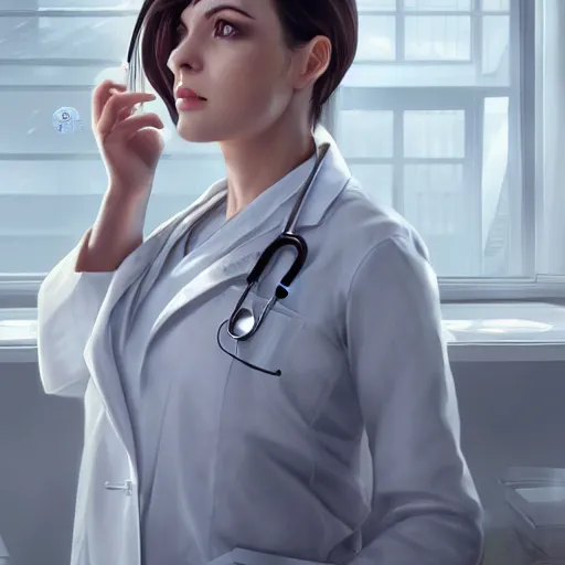 Image similar to an elegant and beautiful female doctor in a white coat working in a hospital ward, cinematic, highly detailed, digital painting, artstation, concept art, matte, sharp focus, illustration, art by artgerm and greg rutkowski