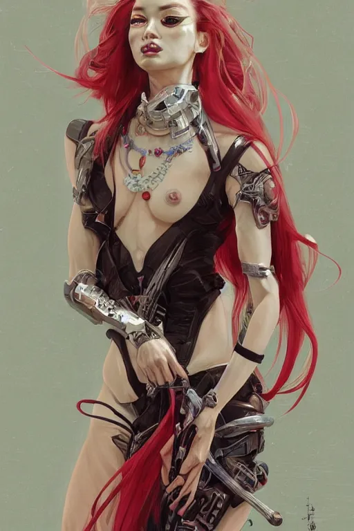 Image similar to > professional dynamtic portrait of female an agile geisha cyberpunk in a dynamic pose , armor elements , long red hair, beautiful bone structure, symmetrical facial features, intricate, elegant, digital painting, concept art, smooth, sharp focus, illustration, by Ruan Jia and Mandy Jurgens , and mucha, and Artgerm and William-Adolphe Bouguerea