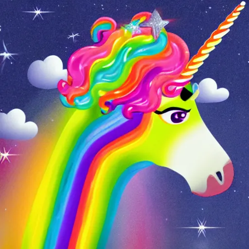 Image similar to an unicorn with rainbow ponytail shooting red laser beams from eyes flying on the background of the sky