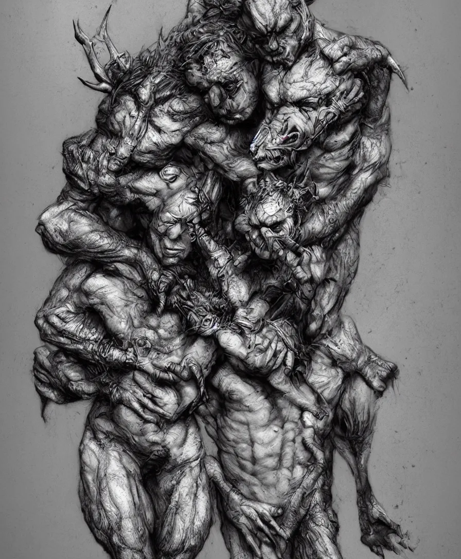 Image similar to devil holding a person, intricate, ultra detailed, photorealistic, trending on artstation