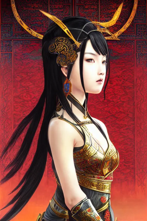 Image similar to portrait black hair young knights of Dynasty Warriors girl, metallic red mirror armor, in ruin chinese temple rooftop heavily rain sunrise, ssci-fi and fantasy, intricate and very beautiful and elegant, highly detailed, digital painting, soft light, artstation, concept art, smooth and sharp focus, illustration, art by tian zi and WLOP and alphonse mucha