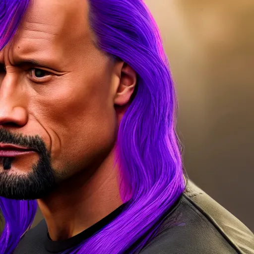 Prompt: Dwayne Johnson with long purple hair, 4k, 8k, trending on artstation, artstationHD, artstationHQ, photorealistic imagery