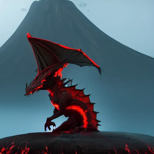 Image similar to magma dragon lord in front of a volcano, foggy, high contrast, deep shadows, 4k, 3d octane render