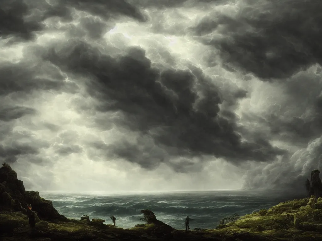 Image similar to detailed landscape, high cliff, very detailed dark super storm, hyper realistic clouds, impressive, magical, very atmospheric, smoke boiling, cinematic, deep, very high complexity, stunning, masterpiece, chiaroscuro, in the style of caspar david friedrich, very detailed. 4 k