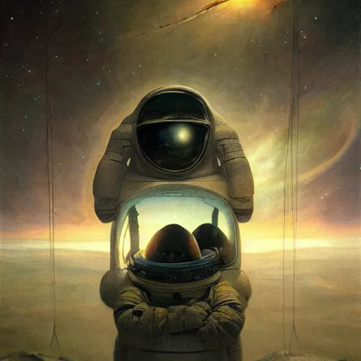 Image similar to a melancholy astronaut | highly detailed oil painting, hyperrealistic, very intrincate | cinematic lighting, award - winning | by rachel ruysch, giger, beksinski and bocklin | by austin osman spare and william blake, trending on artstation, cgsociety, official art, octane.