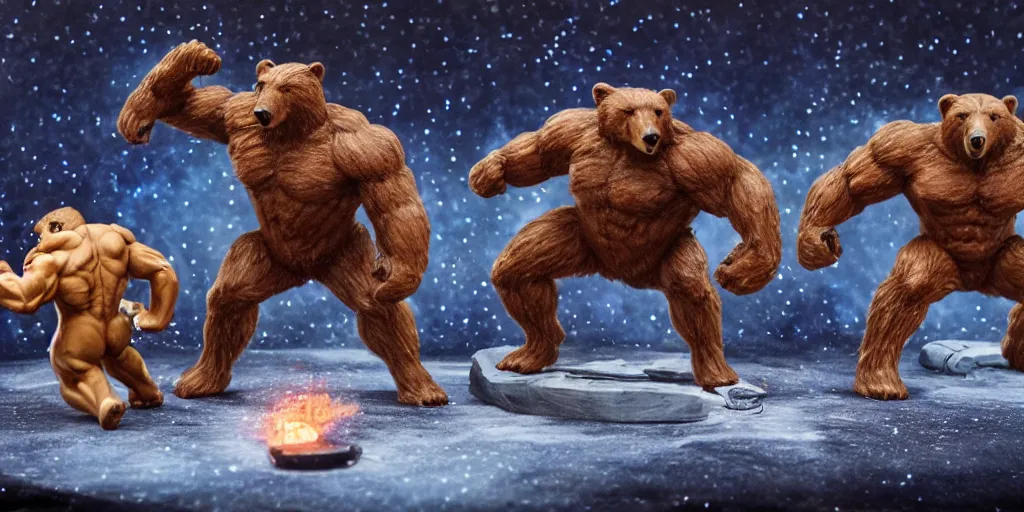 Image similar to photo of muscular bears, playing intergalactic championship versus chitauri. Highly detailed 8k. Award winning.