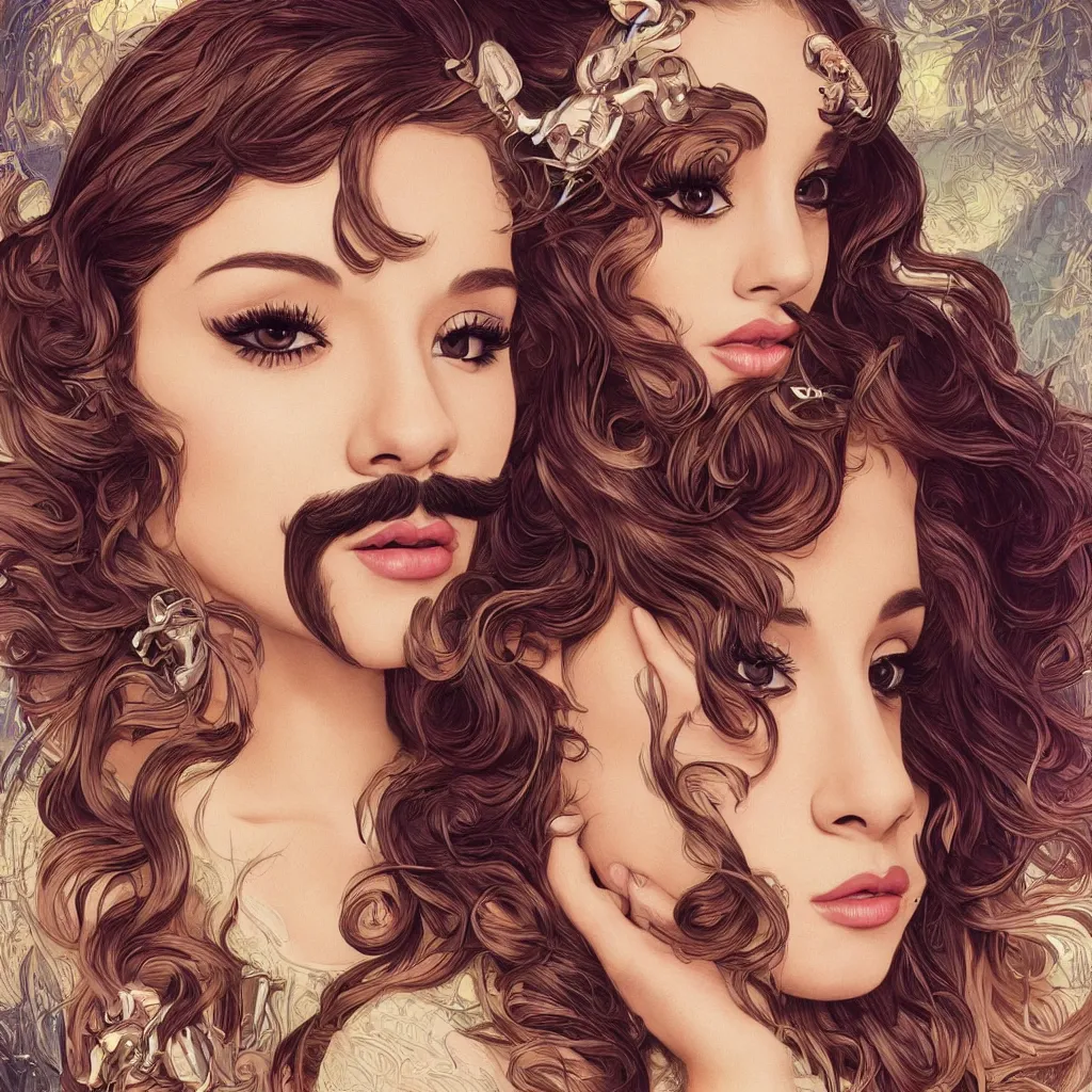 Prompt: Ariana Grande with a mustache, intricate, mustche, elegant, hairy mustache, highly detailed, Chevron stache, centered, digital painting, artstation, Walrus mustache, concept art, smooth, sharp focus, illustration, art by artgerm and H R Giger and alphonse mucha